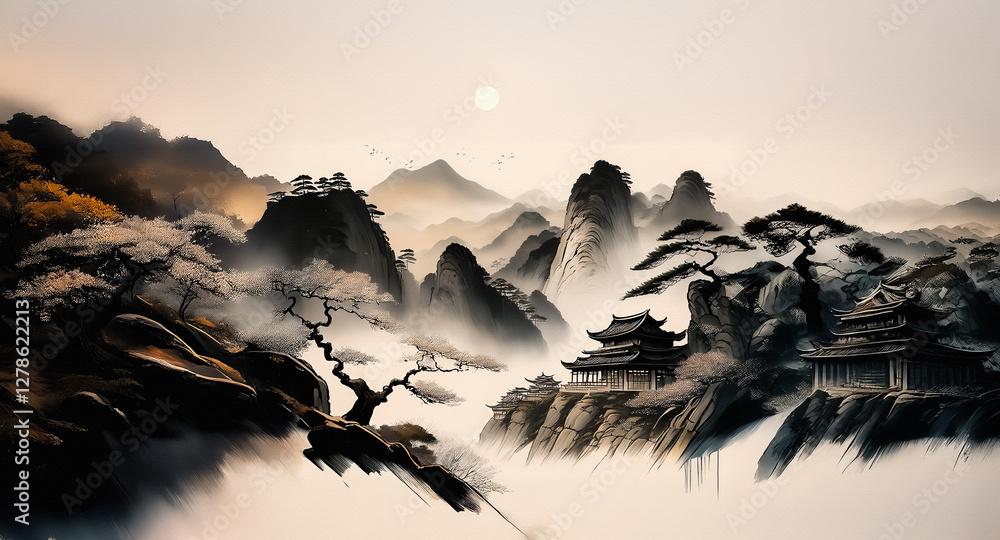 Poster a serene landscape unfolds with mist-shrouded mountains and traditional buildings nestled among tree