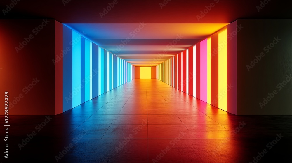 Poster vibrant corridor illuminated by colorful lights creating a stunning visual experience in a modern ar