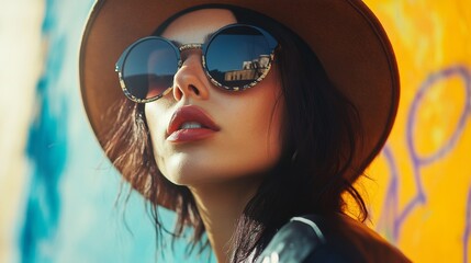Trendy woman in a wide-brimmed hat and sunglasses against a graffiti wall. Great for fashion and lifestyle branding.