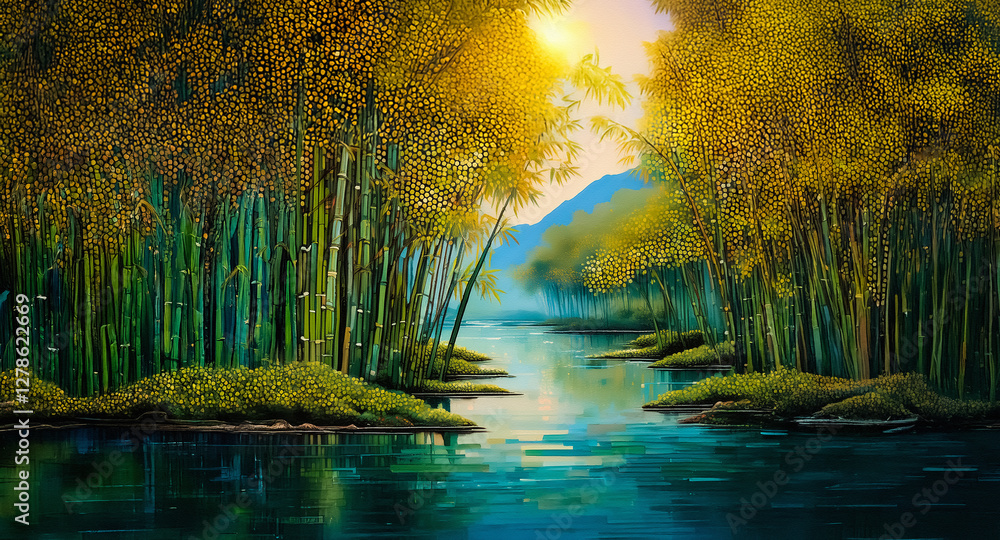 Poster A serene landscape featuring a river flowing through a bamboo forest bathed in warm sunlight, creating a peaceful and tranquil atmosphere.