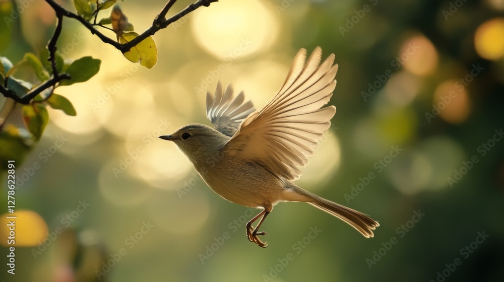 Poster A dynamic scene of a bird taking off from a branch, with its wings fully extended and a blurred background to emphasize the speed and motion of its flight.