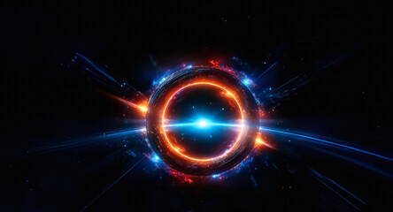 Obraz premium Abstract glowing circular form with orange and blue hues on black backdrop. Energy bursts radiate outward from the bright center.