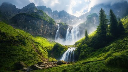 Fototapeta premium Majestic waterfall cascading down rugged mountains in a lush green valley during daylight