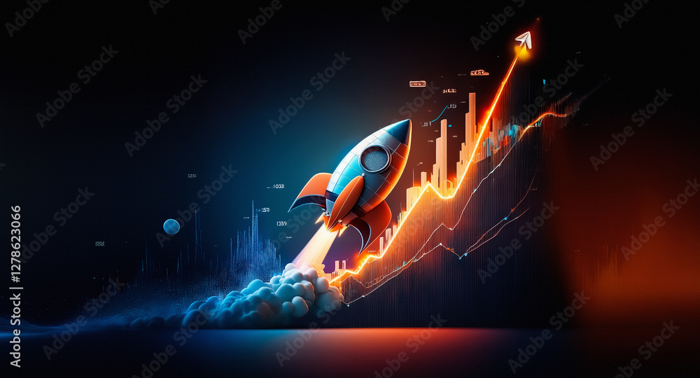 Poster rocket soaring upwards with bright trail and rising graph lines against a dark backdrop, representin
