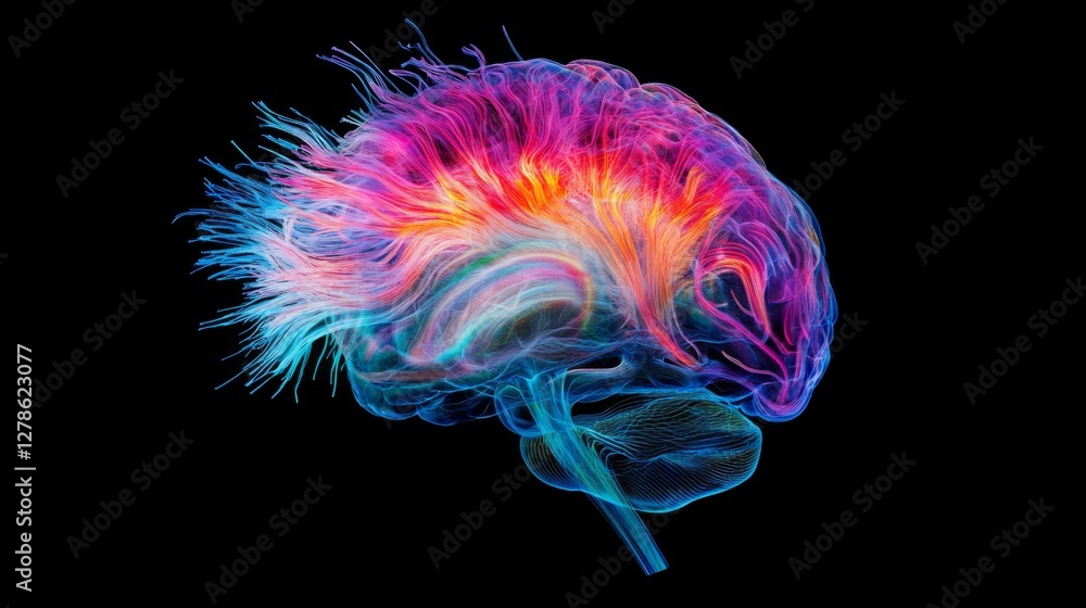 Aufkleber a dynamic shot of a brain illustration with neon-like highlights, representing different functional 