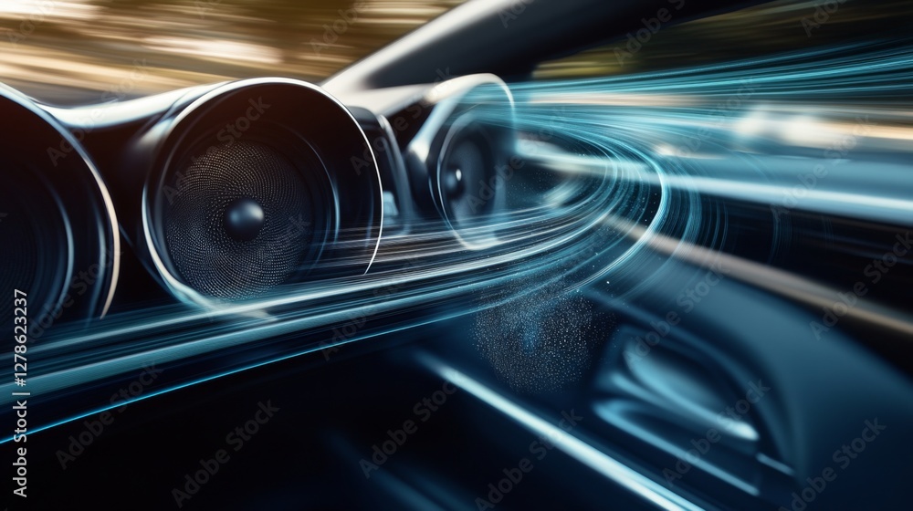 Poster a dynamic shot of a car in motion with bass vibrations visible, showcasing the powerful sound system