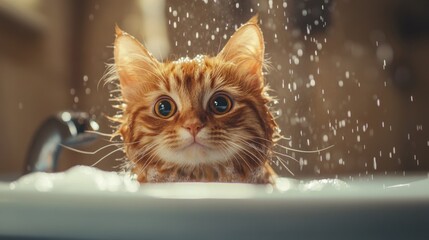 A dynamic shot of a cat's first bath experience, with a mix of curiosity and apprehension as it explores the bath environment, capturing the learning process.