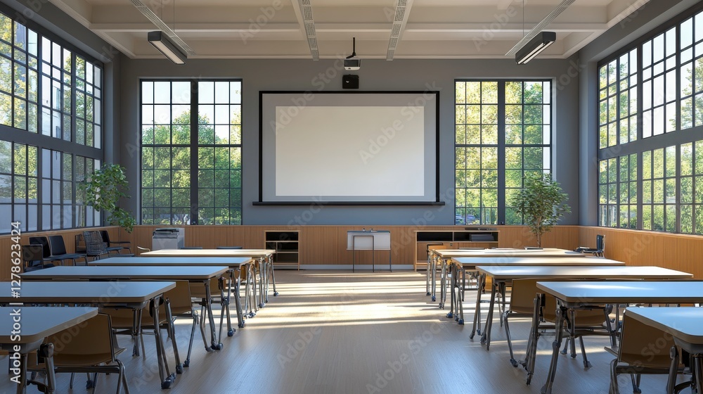 Poster a modern classroom featuring large windows, minimalistic furniture, and a projector screen, creating