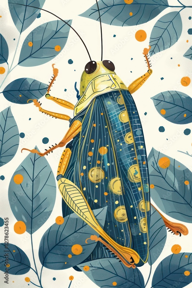 Poster an illustrated grasshopper surrounded by stylized leaves and circular patterns.