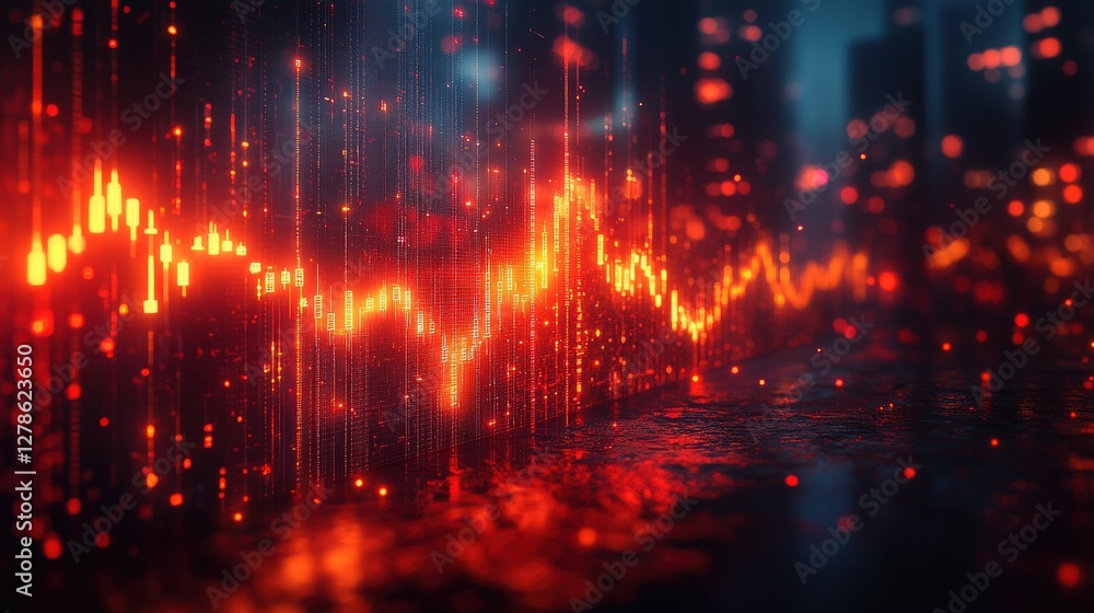 Poster vibrant digital waveform visualization with glowing particles over a cityscape background