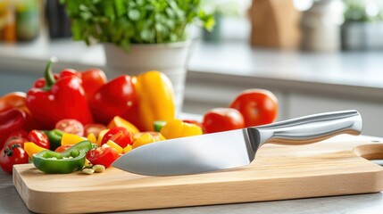 Colorful Vegetables on a Wooden Cutting Board with a Chef's Knife
