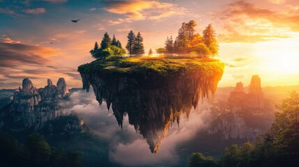 Floating island with lush greenery and majestic mountains during sunset