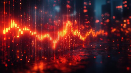 Vibrant digital waveform visualization with glowing particles over a cityscape background