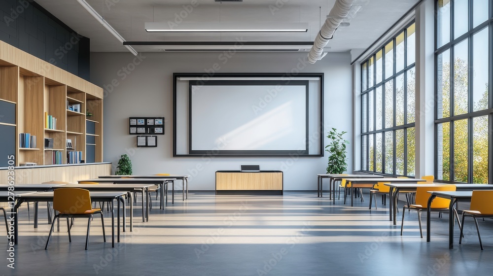 Poster a modern classroom featuring large windows, a projector screen, and arranged desks, designed for int