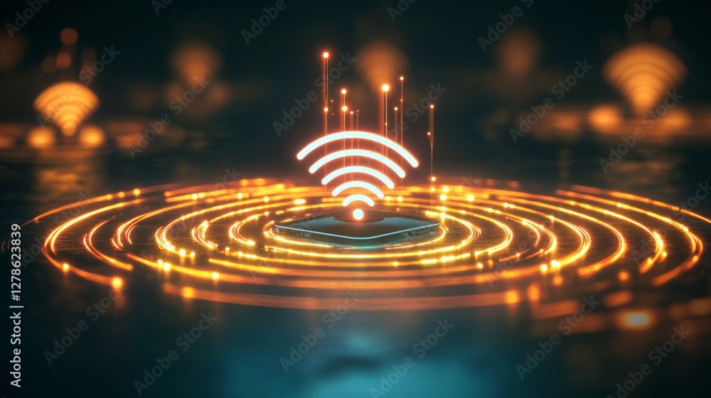 Poster a dynamic shot of a wi-fi signal being represented by a series of concentric circles emanating from 