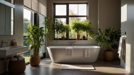 Fototapeta premium Modern sunlit bathroom with green plants