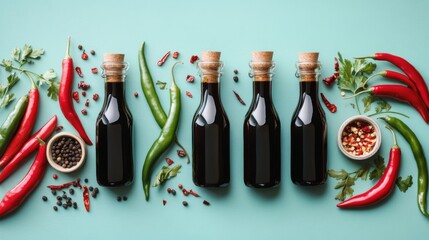 A flat lay of fresh red and green chilies alongside bottles of soy sauce, fish sauce, and vinegar, representing common ingredients in Southeast Asian cuisine.