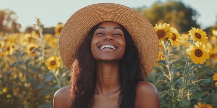 Woman in Straw Hat Smill Among Sunflowers