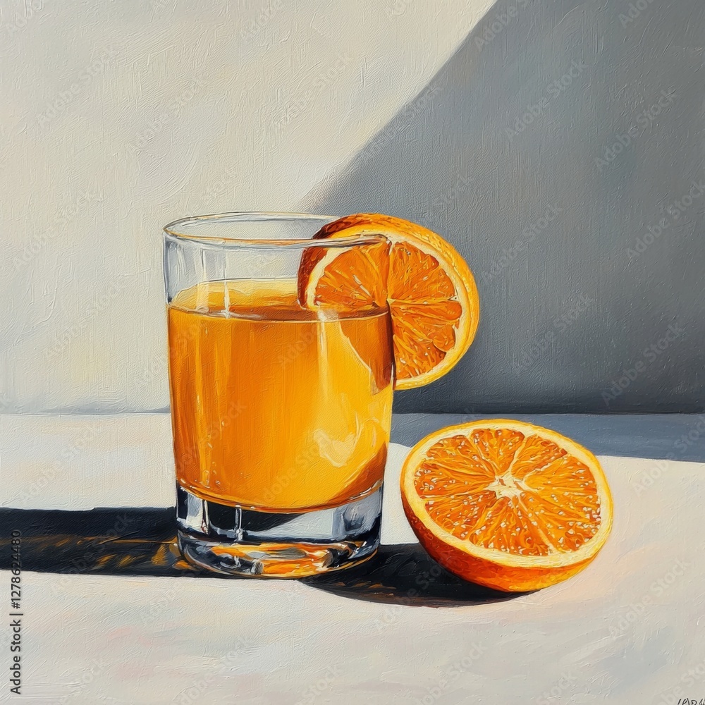 Aufkleber A glass of freshly squeezed orange juice with a slice of orange on the rim, isolated on a white background to highlight its vibrant color.