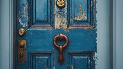 Fototapeta premium Weathered blue door knocker, urban street scene