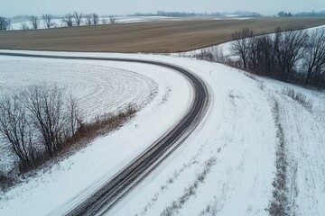 Snowy Country Road Aerial View