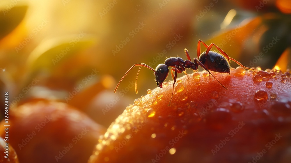 Poster a high-quality image of an ant exploring a piece of fruit, with close-up detail of its antennae and 