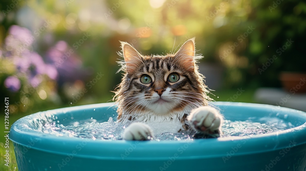 Poster A high-quality image of a cat sitting in a small splash pool, with its paws dipped in the water and a content expression, surrounded by a summer backyard setting.