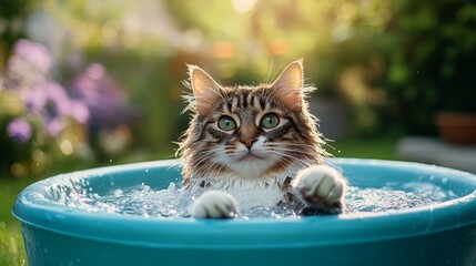 A high-quality image of a cat sitting in a small splash pool, with its paws dipped in the water and a content expression, surrounded by a summer backyard setting.