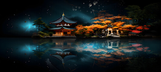 Fototapeta premium temple and leaves, colorful patterns on a dark background