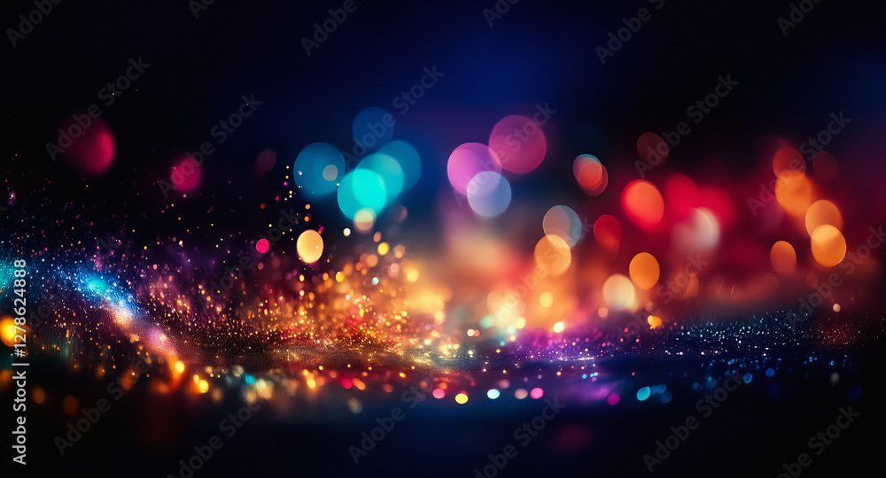 Aufkleber abstract background featuring vibrant bokeh lights in diverse colors. glowing orbs create a festive 