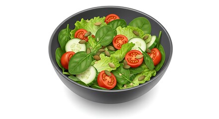 Fresh Salad Bowl with Greens, Tomato and Cucumber on White Background