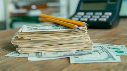 Fototapeta premium Stack of Dollar Bills with Pencils and Calculator on Wooden Desk