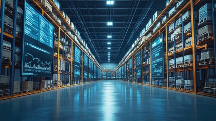 Fototapeta premium A modern, spacious warehouse featuring illuminated shelves filled with products and digital screens displaying data analytics and inventory management.