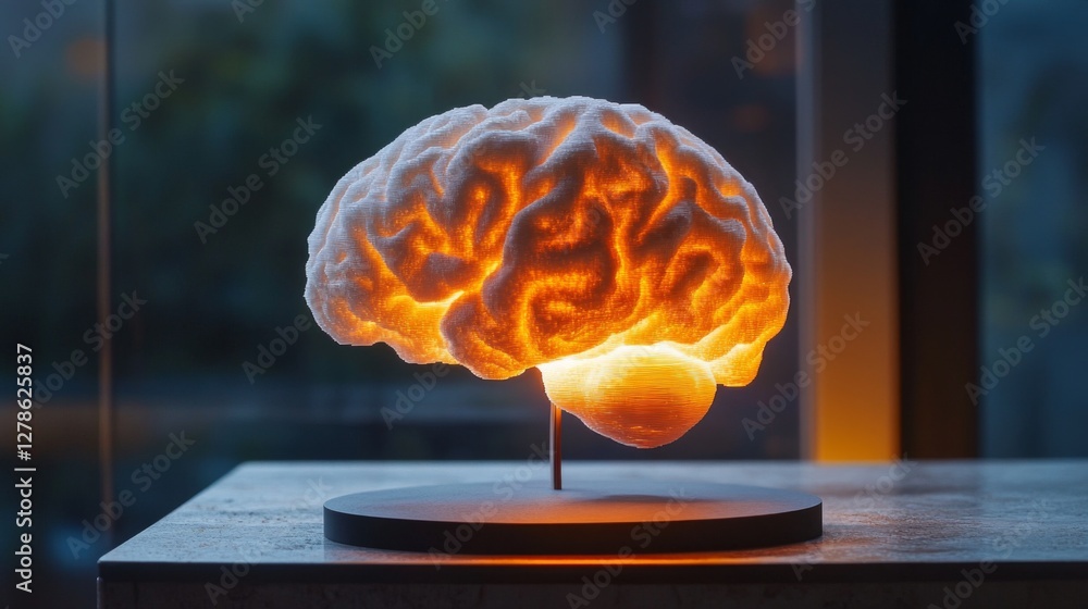Poster a high-quality shot of a d printed brain model with realistic texture and detail, positioned on a st