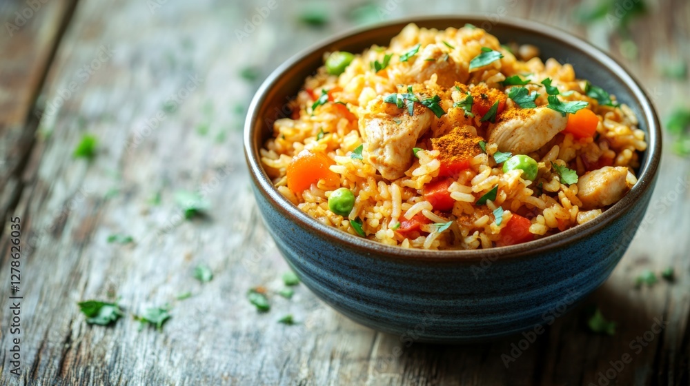 Poster a high-resolution image of a bowl of curry fried rice with visible chunks of chicken, vegetables, an