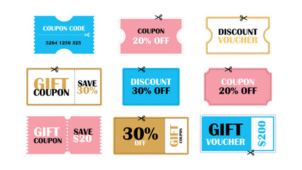 Shopping savings promotion coupons vector set. Discount offer coupon. Gift voucher or sale ticket template with cutting dashed lines and scissors icon. 