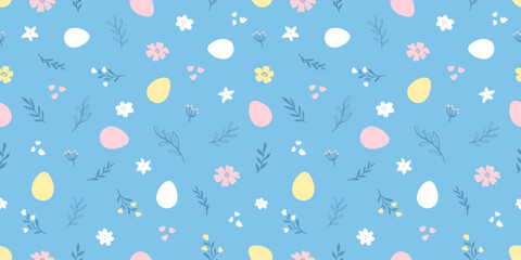Seamless pattern of Easter colorful bright decorated eggs, leaves and flowers. Cute background for spring holiday. Vector illustration