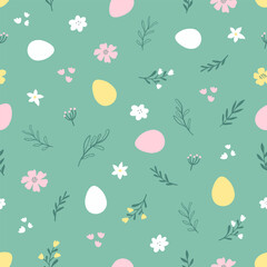 Seamless pattern of Easter colorful bright decorated eggs, leaves and flowers. Cute background for spring holiday. Vector illustration
