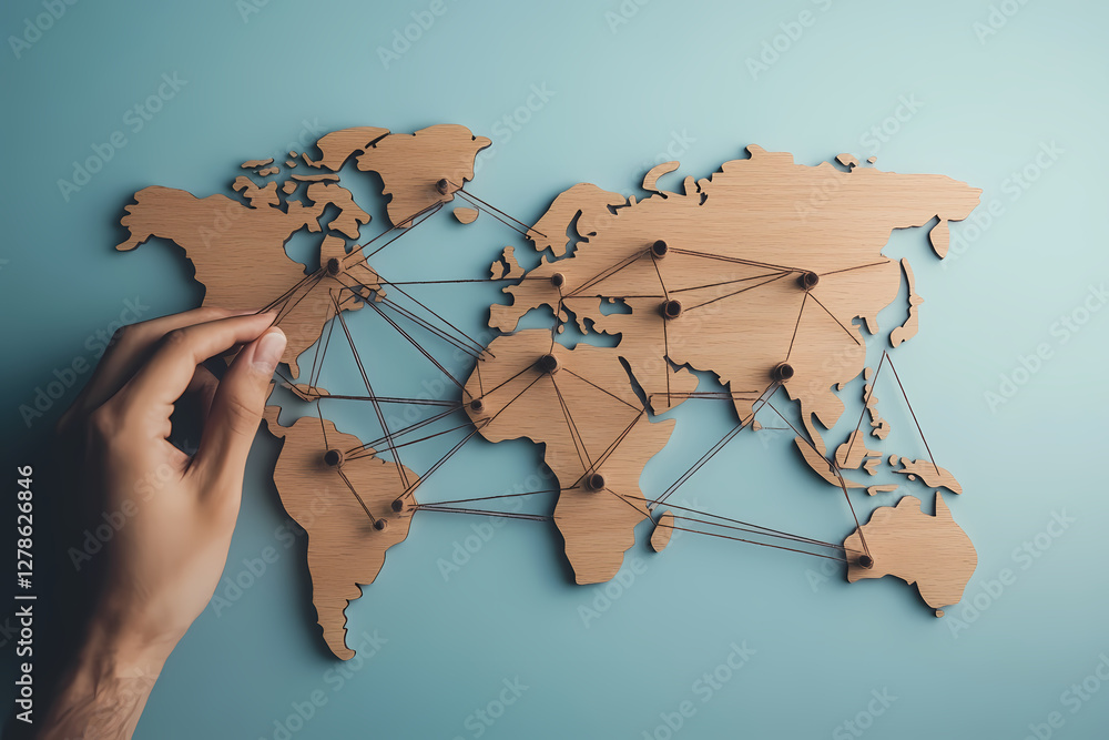 Poster global connections: a hand strategically connects dots across a cardboard world map, symbolizing glo
