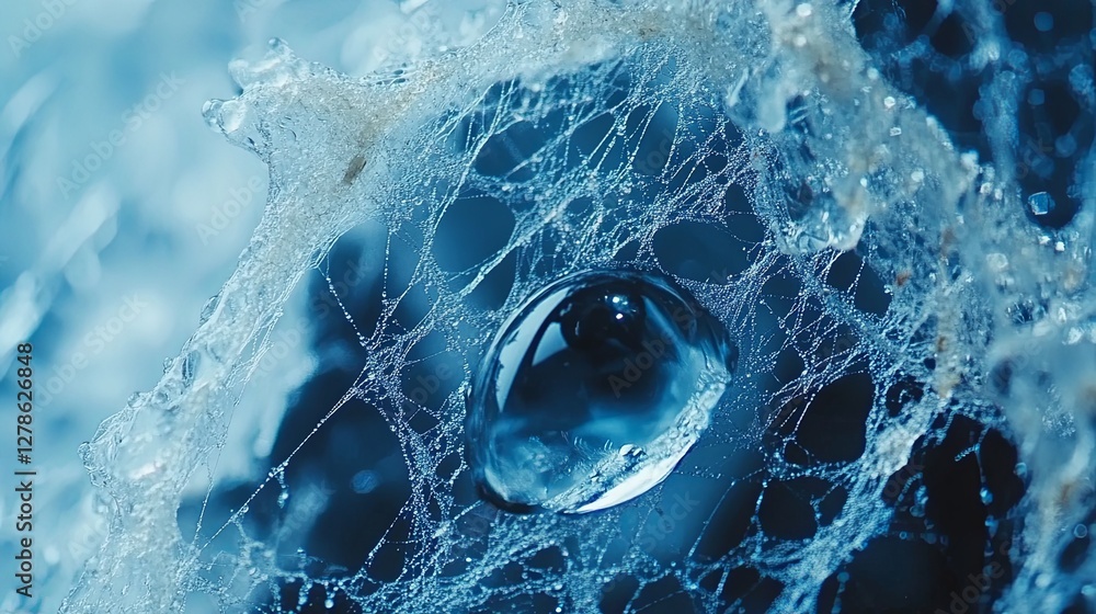 Poster bubbles intertwine with water droplets creating intricate patterns in a close-up shot