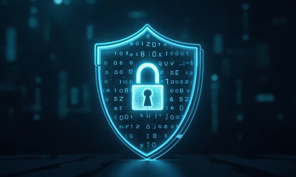 A conceptual image of cybersecurity featuring a glowing digital padlock embedded within a transparent shield, overlaid with binary code and blockchain-inspired graphics.