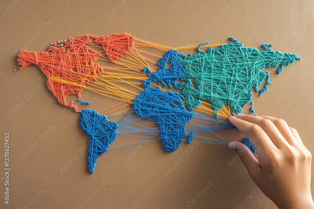 Poster global connections: a close-up shot reveals a vibrant, handcrafted world map created with colorful y