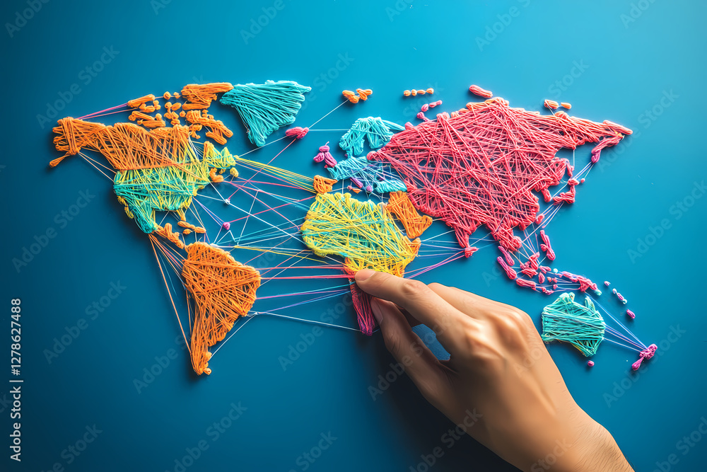 Poster global connections: a hand delicately interacts with a vibrant, handmade world map, illustrating int
