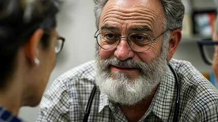 Experienced doctor engaging in a thoughtful conversation with a patient in a medical office setting