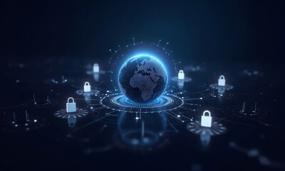 A sleek cyber protection concept featuring a digital globe surrounded by pulsating security shields, symbolizing global data privacy and encryption.