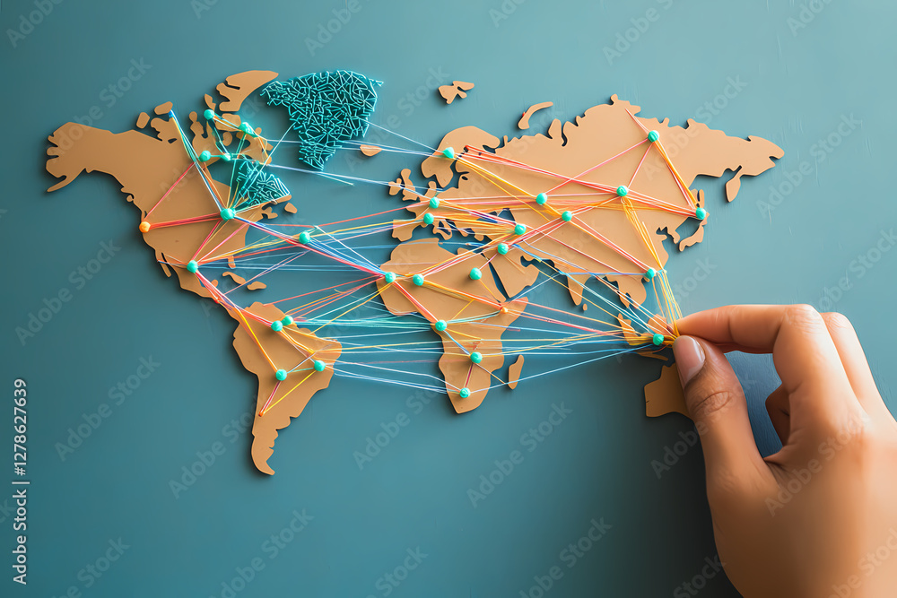 Poster global connections: a hand connecting threads on a world map, depicting the interconnectedness of gl