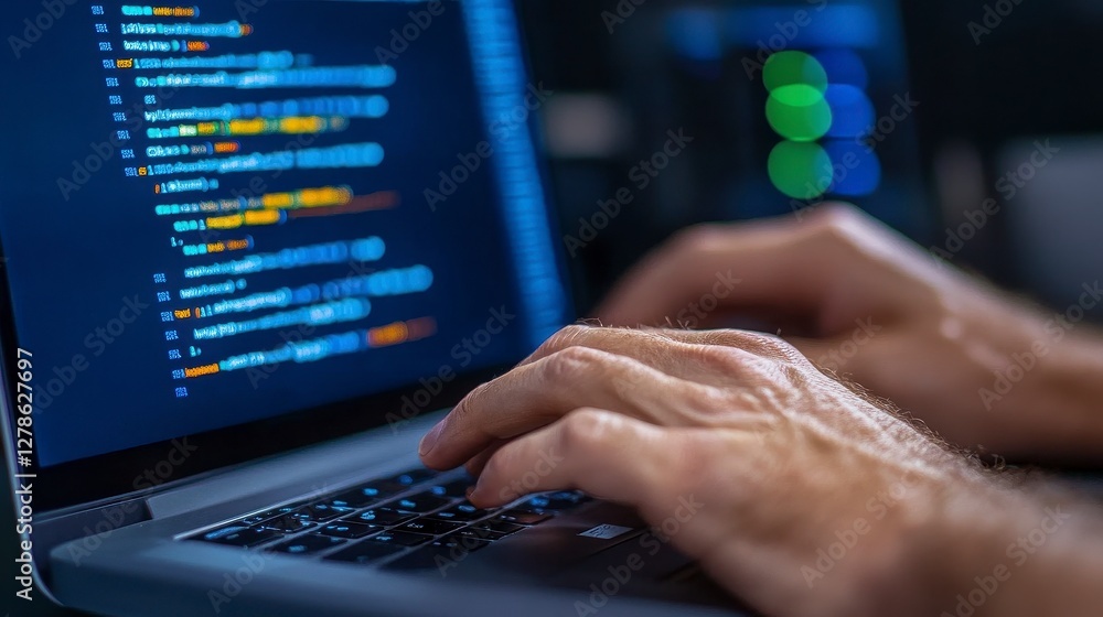 Aufkleber close up hands typing on laptop showing colorful code on dark background
