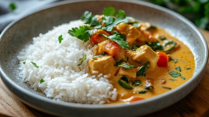 A high-resolution photo of a plate of  with a delicious Thai curry poured over it, showcasing the contrast between the white rice and colorful curry.