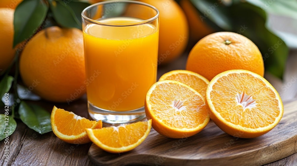 Poster a high-resolution photo of whole oranges and a glass of on a wooden table, with fresh oranges sliced