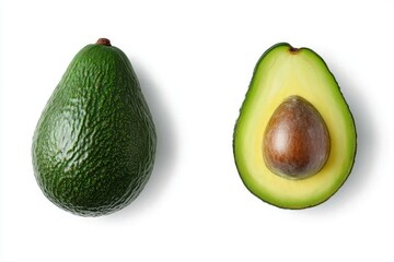 A whole avocado and a halved avocado are shown